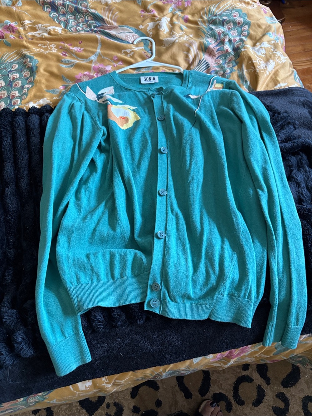 Onia Turquoise Floral-Applique Button Cardigan